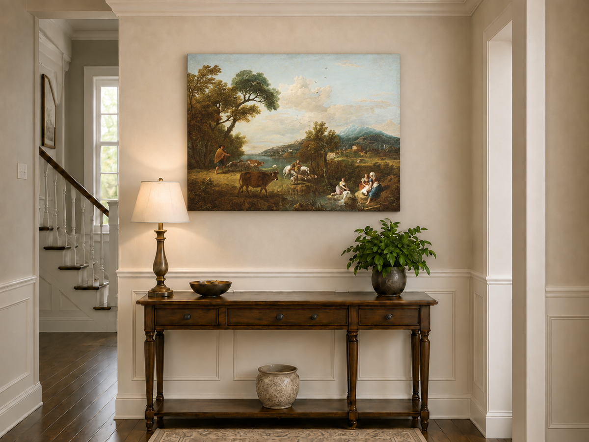 Hand-painted Pastoral Mountain Stream with Figures landscape oil painting displayed as wall art in a styled interior