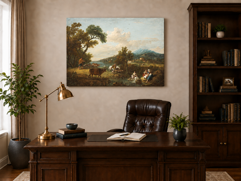 Hand-painted Pastoral Mountain Stream with Figures landscape oil painting displayed as wall art in a styled interior