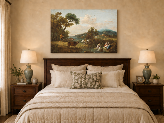 Hand-painted Pastoral Mountain Stream with Figures landscape oil painting displayed as wall art in a styled interior