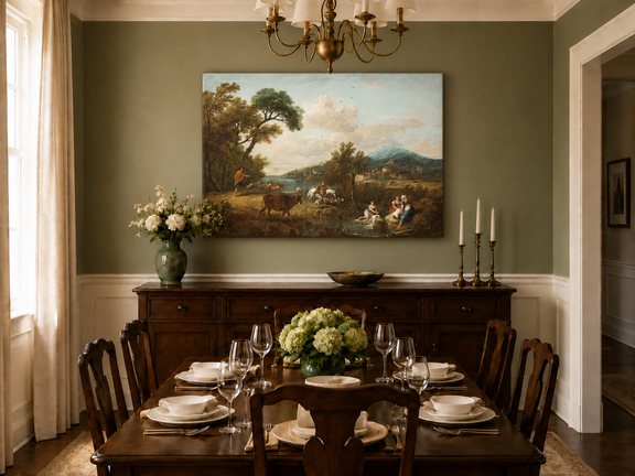Hand-painted Pastoral Mountain Stream with Figures landscape oil painting displayed as wall art in a styled interior