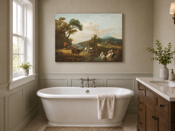 Hand-painted Pastoral Mountain Stream with Figures landscape oil painting displayed as wall art in a styled interior