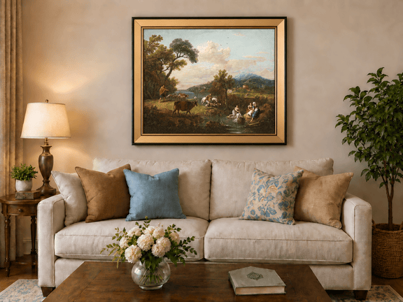 Hand-painted Pastoral Mountain Stream with Figures landscape oil painting displayed as wall art in a styled interior
