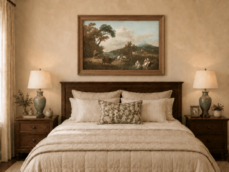 Hand-painted Pastoral Mountain Stream with Figures landscape oil painting displayed as wall art in a styled interior