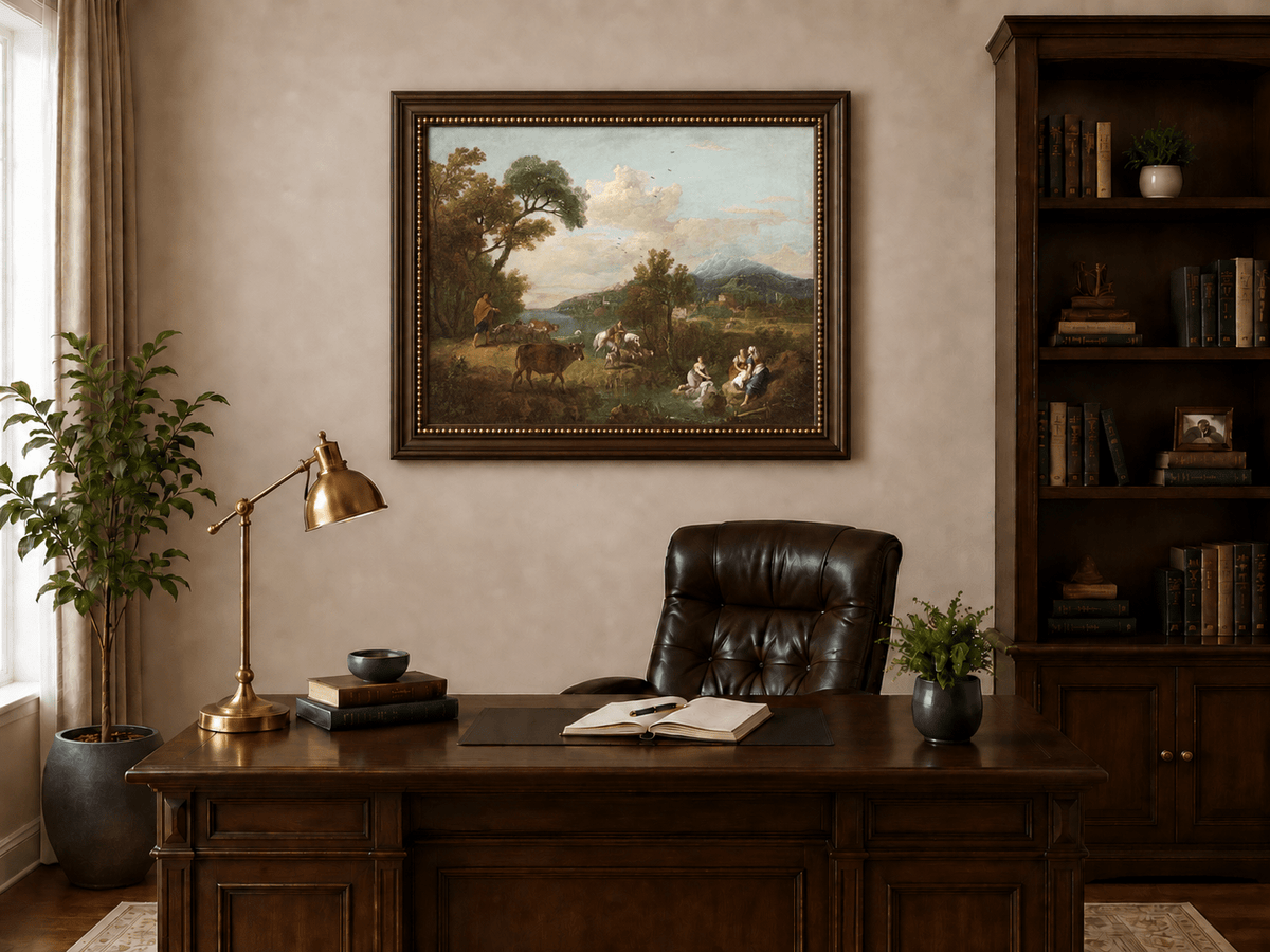 Hand-painted Pastoral Mountain Stream with Figures landscape oil painting displayed as wall art in a styled interior