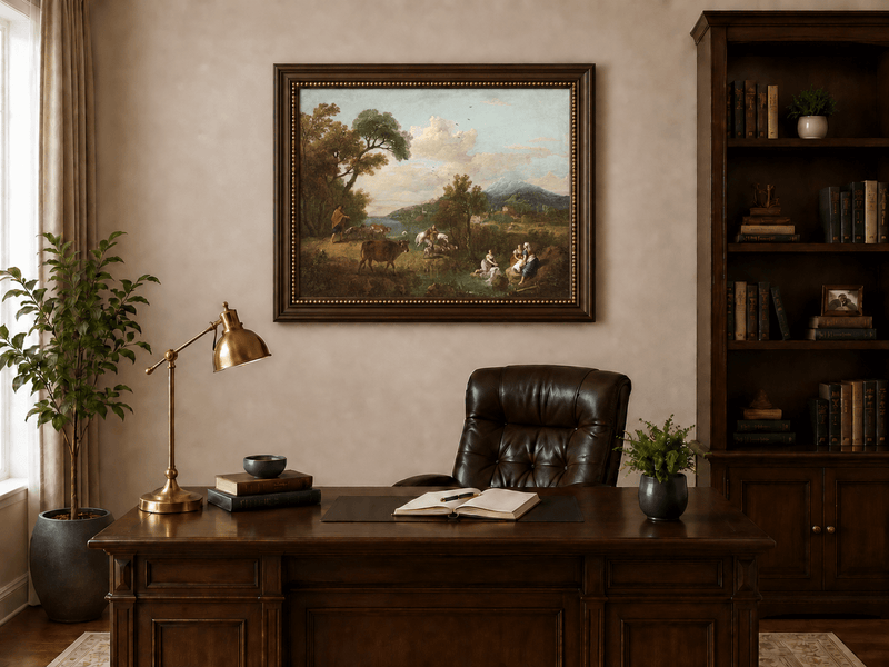 Hand-painted Pastoral Mountain Stream with Figures landscape oil painting displayed as wall art in a styled interior