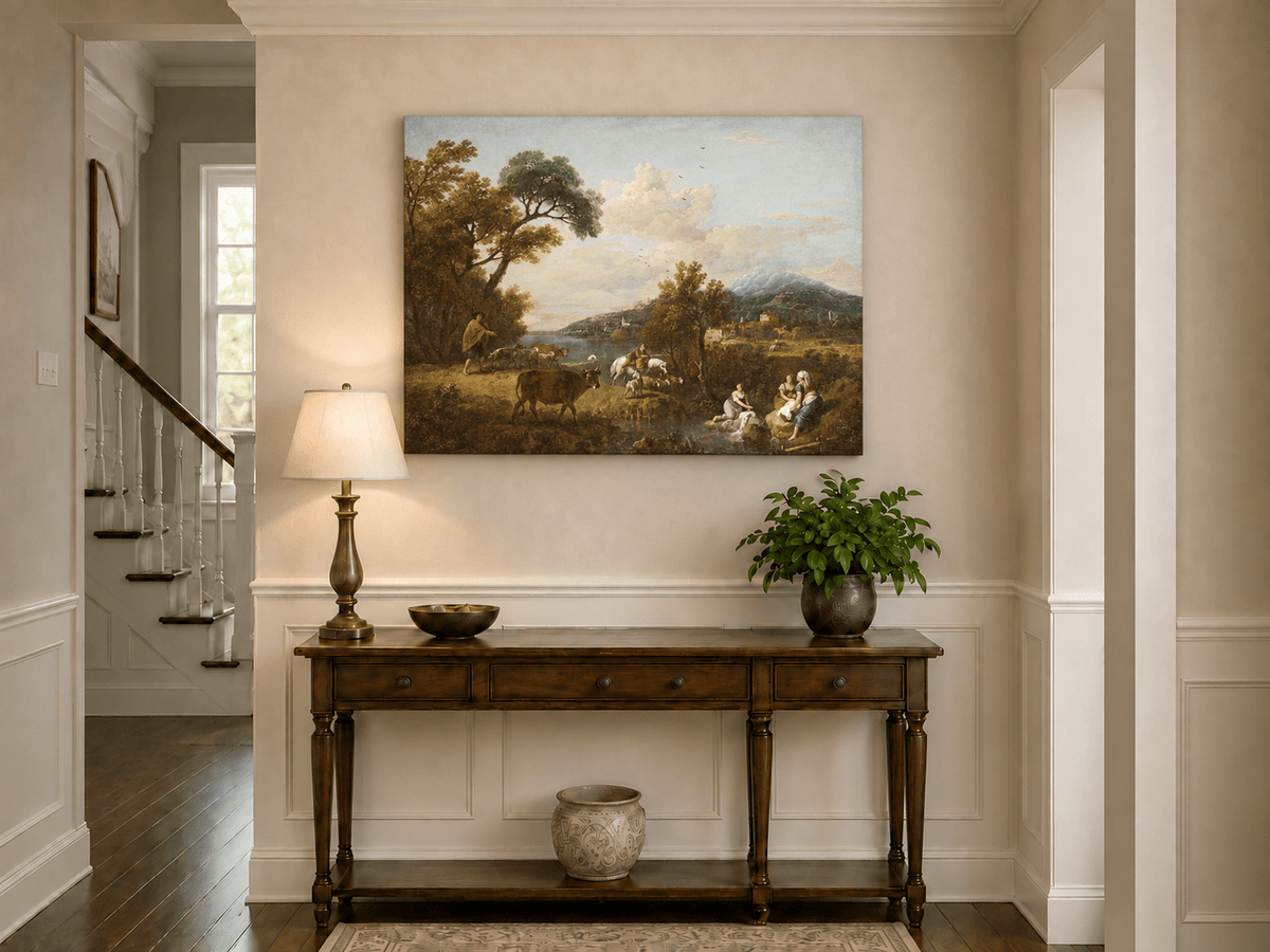 Hand-painted Pastoral Mountain Stream with Figures landscape oil painting displayed as wall art in a styled interior