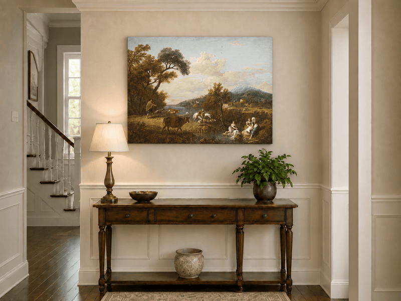 Hand-painted Pastoral Mountain Stream with Figures landscape oil painting displayed as wall art in a styled interior