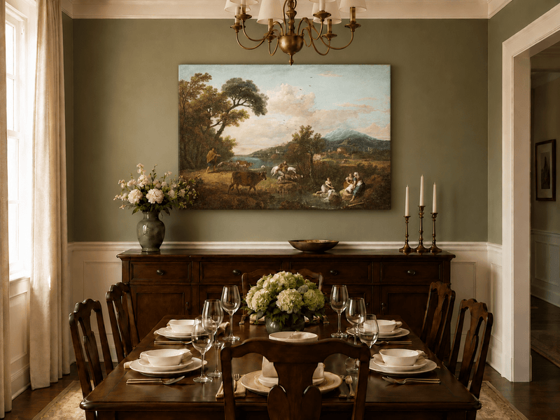 Hand-painted Pastoral Mountain Stream with Figures landscape oil painting displayed as wall art in a styled interior