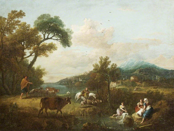 Hand-painted pastoral mountain stream with figures landscape oil painting on canvas
