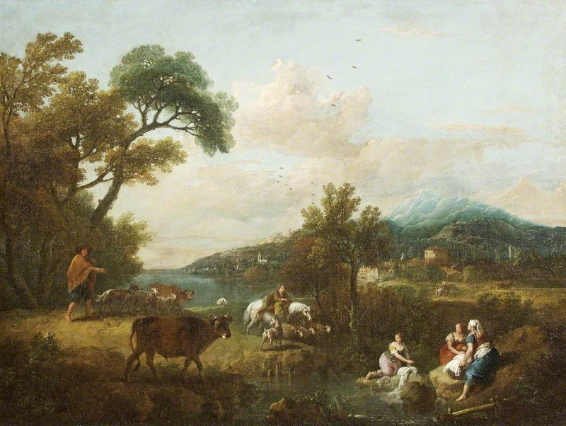 Hand-painted pastoral mountain stream with figures landscape oil painting on canvas