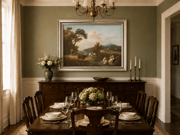 Hand-painted Pastoral Mountain Stream with Figures landscape oil painting displayed as wall art in a styled interior