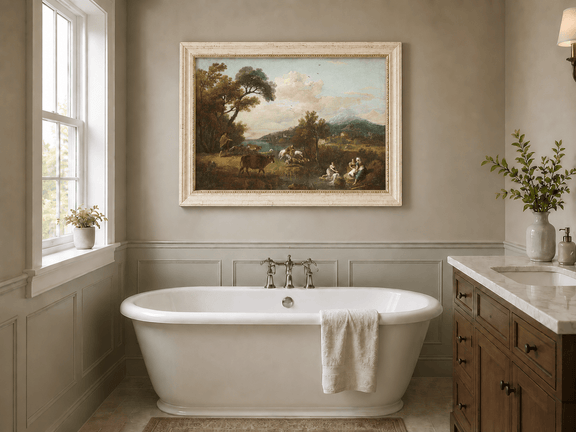 Hand-painted Pastoral Mountain Stream with Figures landscape oil painting displayed as wall art in a styled interior