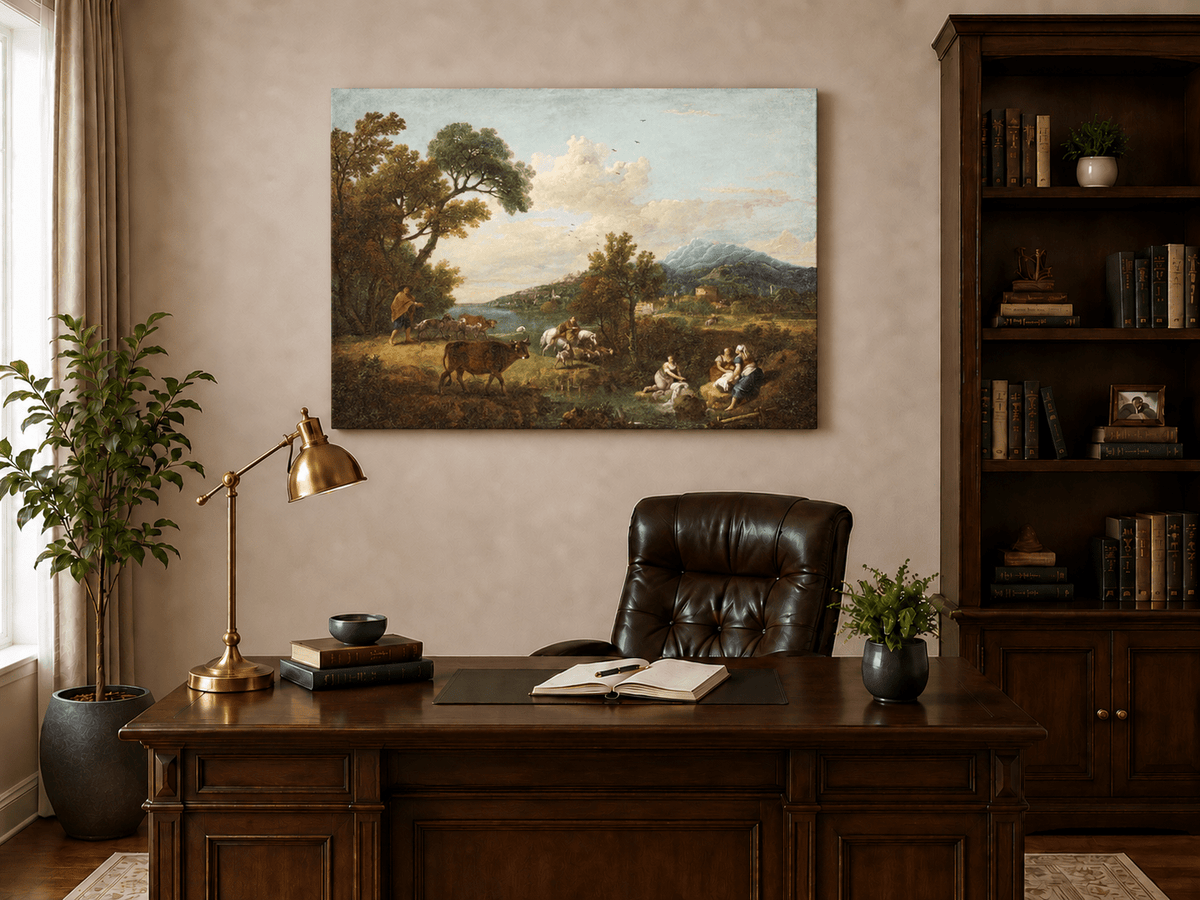 Hand-painted Pastoral Mountain Stream with Figures landscape oil painting displayed as wall art in a styled interior