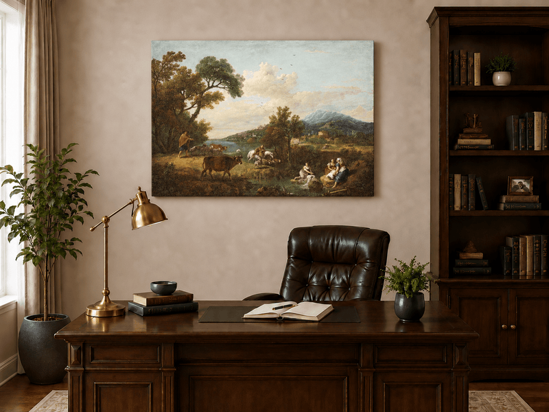 Hand-painted Pastoral Mountain Stream with Figures landscape oil painting displayed as wall art in a styled interior