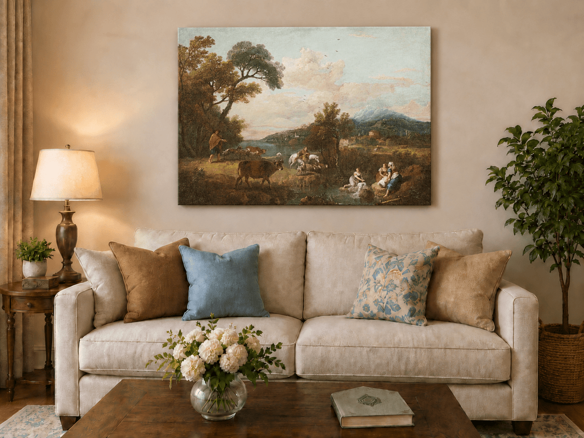 Hand-painted Pastoral Mountain Stream with Figures landscape oil painting displayed as wall art in a styled interior