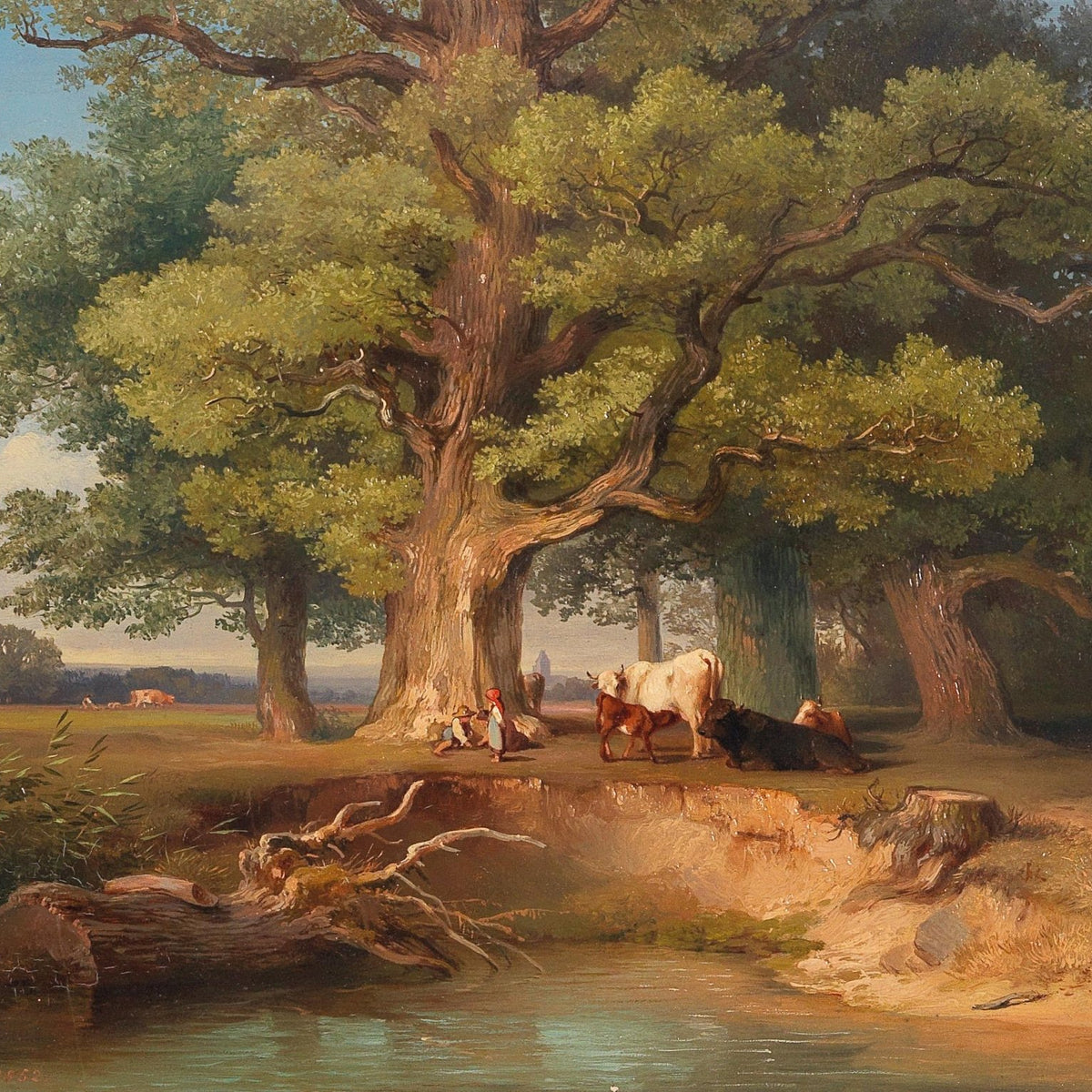 Hand-painted pastoral oaks with cattle by the stream landscape oil painting on canvas