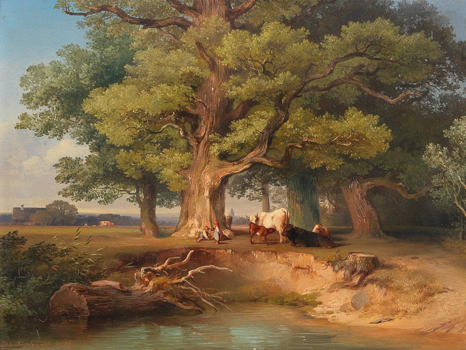 Hand-painted pastoral oaks with cattle by the stream landscape oil painting on canvas