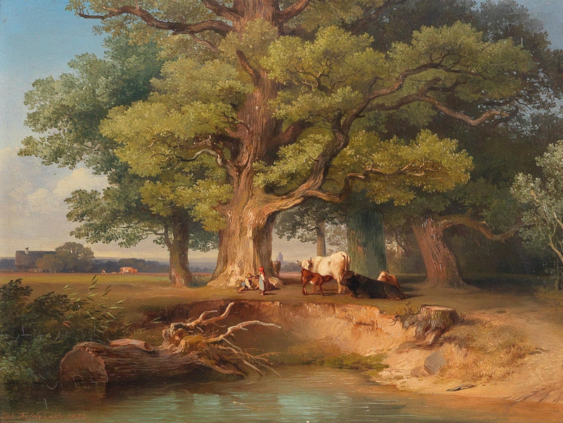 Hand-painted pastoral oaks with cattle by the stream landscape oil painting on canvas