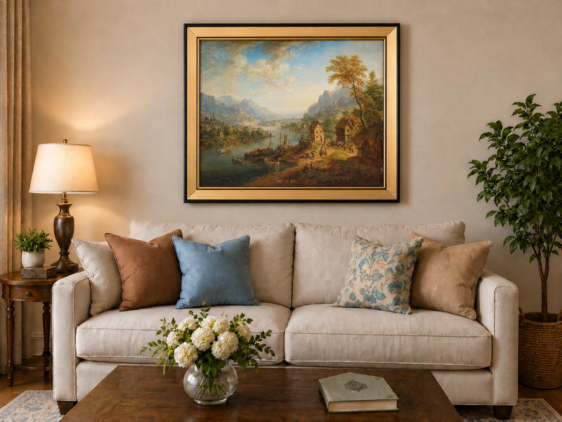 Hand-painted Pastoral Path with Sheep and Cliff Ruins landscape oil painting displayed as wall art in a styled interior
