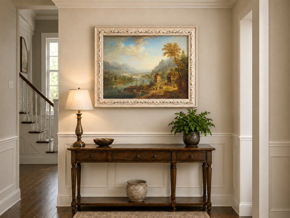 Hand-painted Pastoral Path with Sheep and Cliff Ruins landscape oil painting displayed as wall art in a styled interior