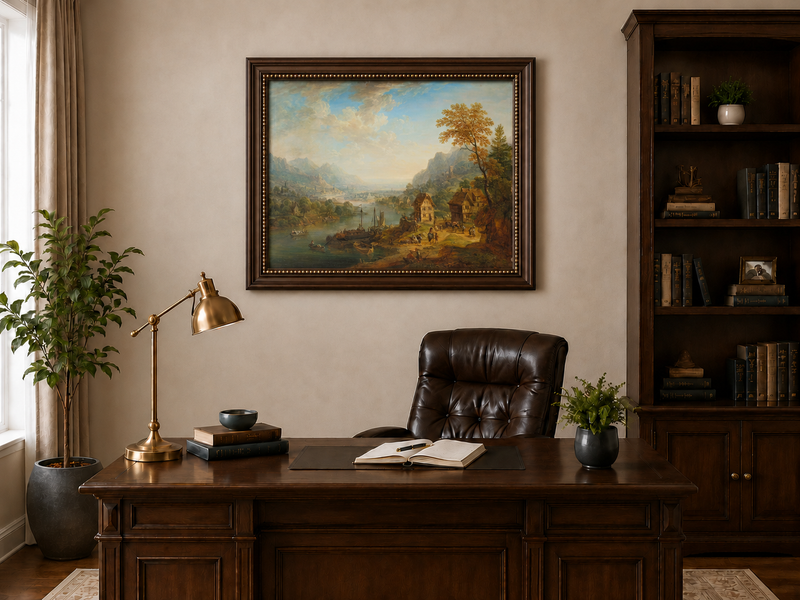 Hand-painted Pastoral Path with Sheep and Cliff Ruins landscape oil painting displayed as wall art in a styled interior
