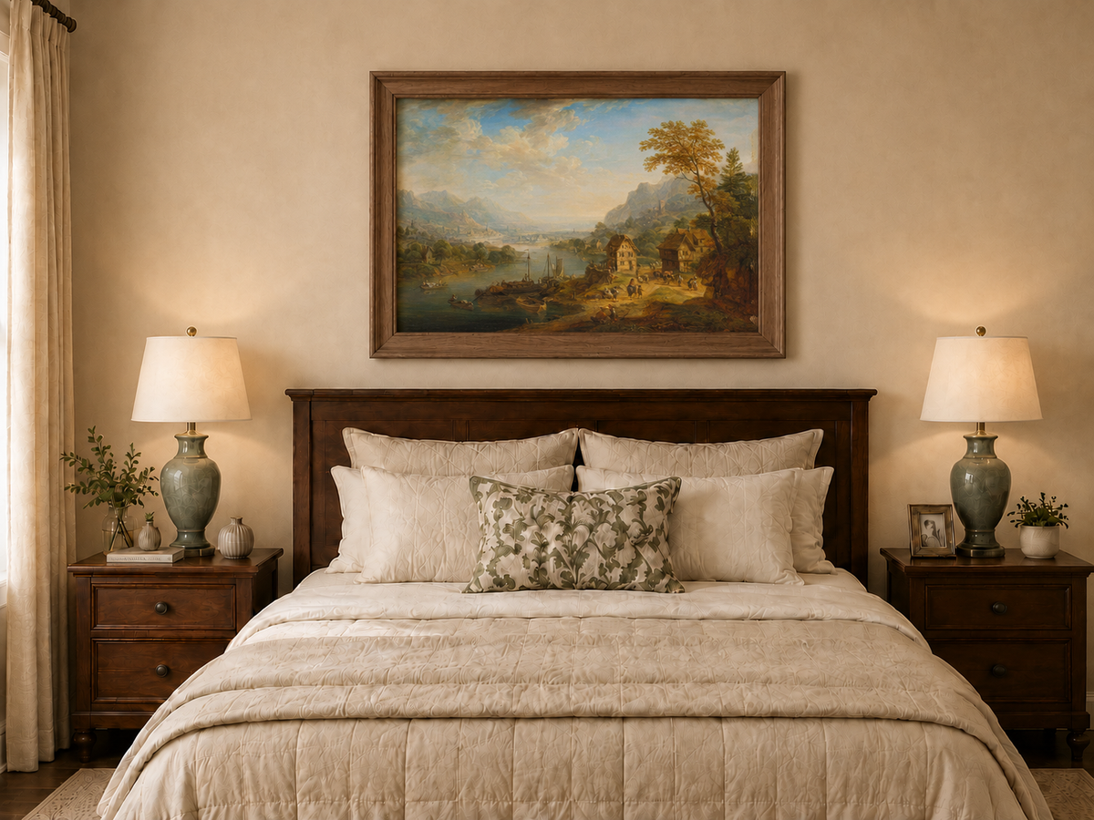 Hand-painted Pastoral Path with Sheep and Cliff Ruins landscape oil painting displayed as wall art in a styled interior