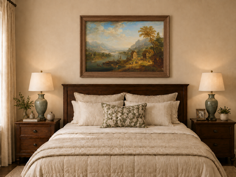 Hand-painted Pastoral Path with Sheep and Cliff Ruins landscape oil painting displayed as wall art in a styled interior