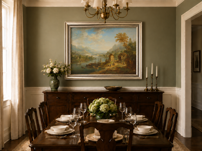Hand-painted Pastoral Path with Sheep and Cliff Ruins landscape oil painting displayed as wall art in a styled interior