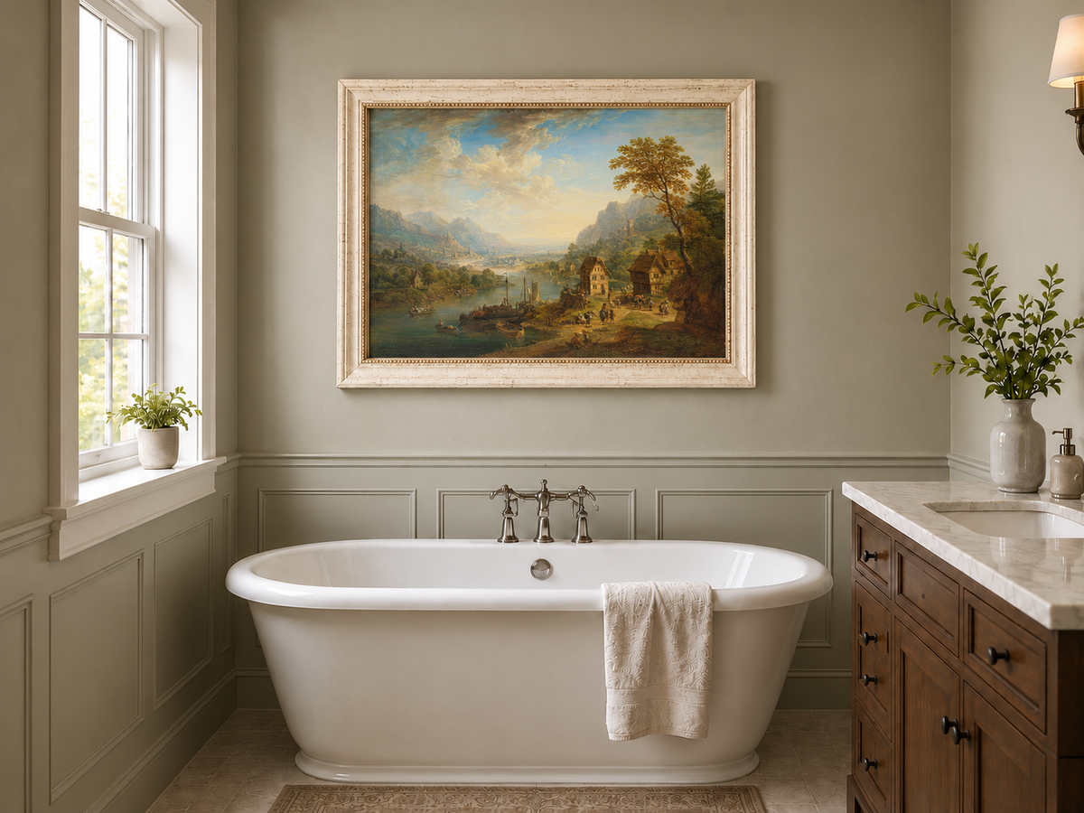 Hand-painted Pastoral Path with Sheep and Cliff Ruins landscape oil painting displayed as wall art in a styled interior
