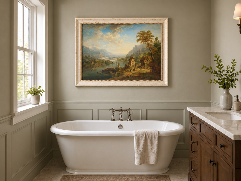 Hand-painted Pastoral Path with Sheep and Cliff Ruins landscape oil painting displayed as wall art in a styled interior