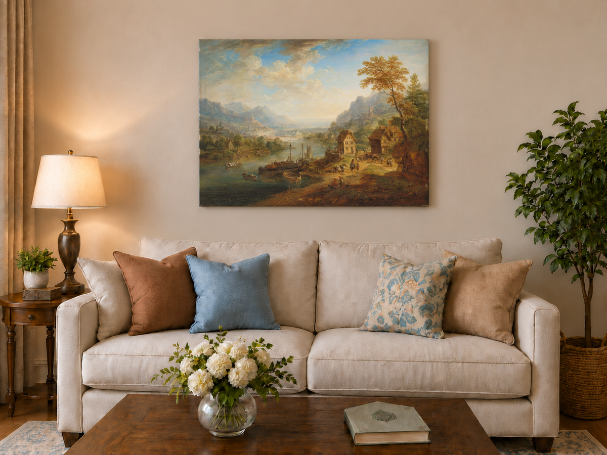 Hand-painted Pastoral Path with Sheep and Cliff Ruins landscape oil painting displayed as wall art in a styled interior