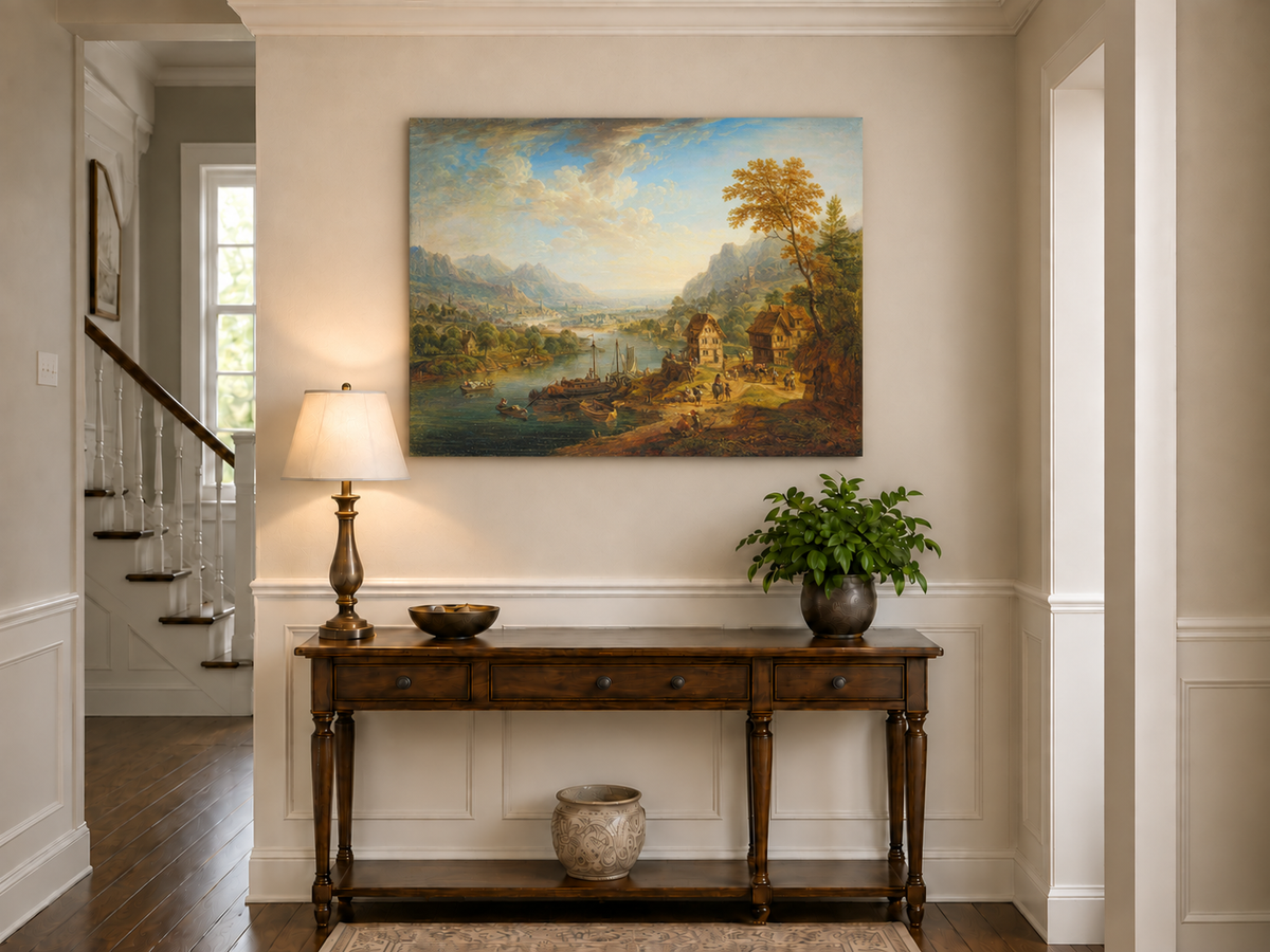 Hand-painted Pastoral Path with Sheep and Cliff Ruins landscape oil painting displayed as wall art in a styled interior