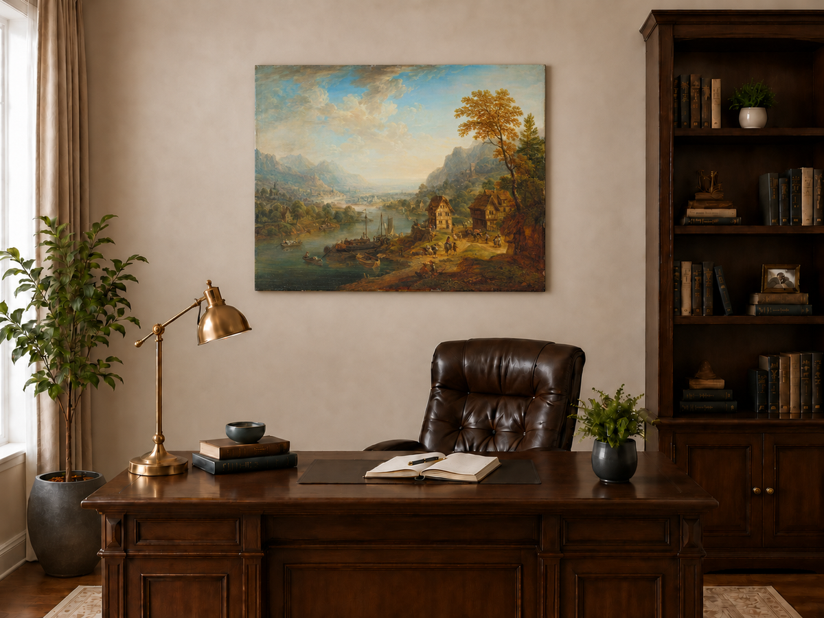 Hand-painted Pastoral Path with Sheep and Cliff Ruins landscape oil painting displayed as wall art in a styled interior