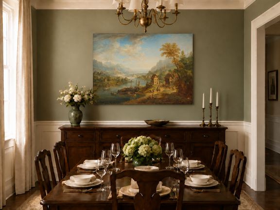 Hand-painted Pastoral Path with Sheep and Cliff Ruins landscape oil painting displayed as wall art in a styled interior