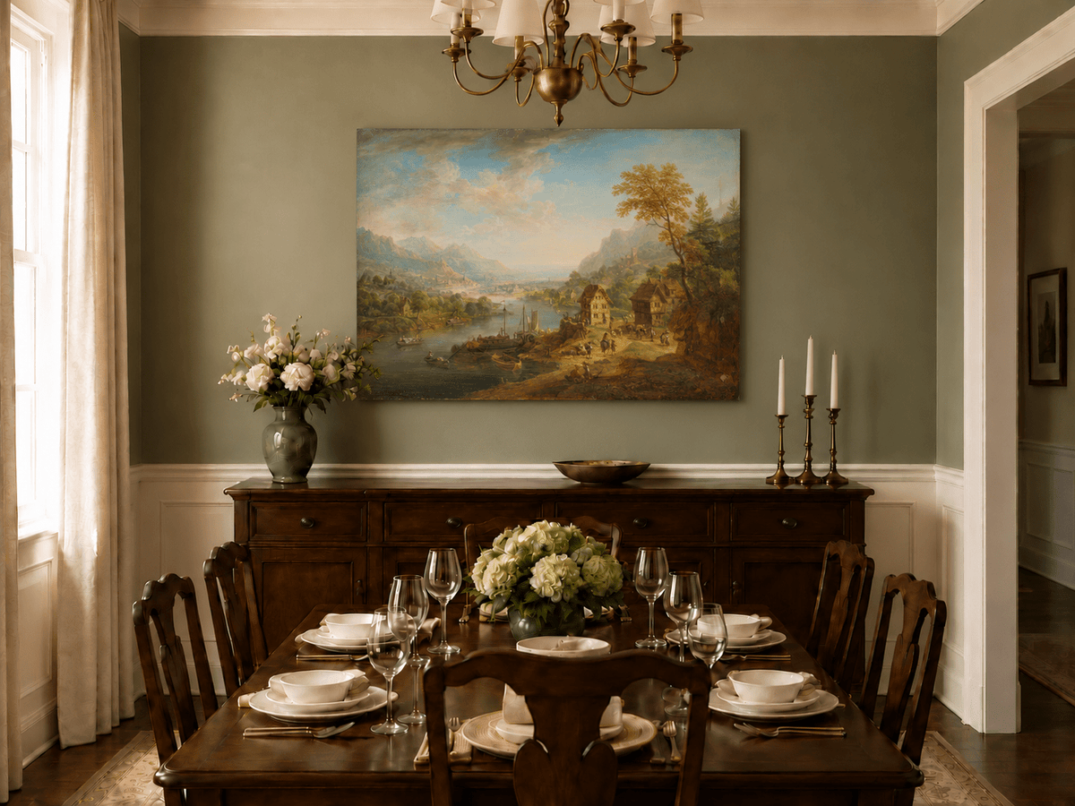 Hand-painted Pastoral Path with Sheep and Cliff Ruins landscape oil painting displayed as wall art in a styled interior