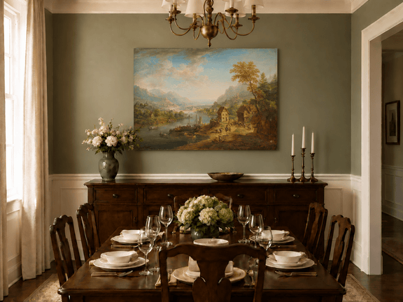 Hand-painted Pastoral Path with Sheep and Cliff Ruins landscape oil painting displayed as wall art in a styled interior