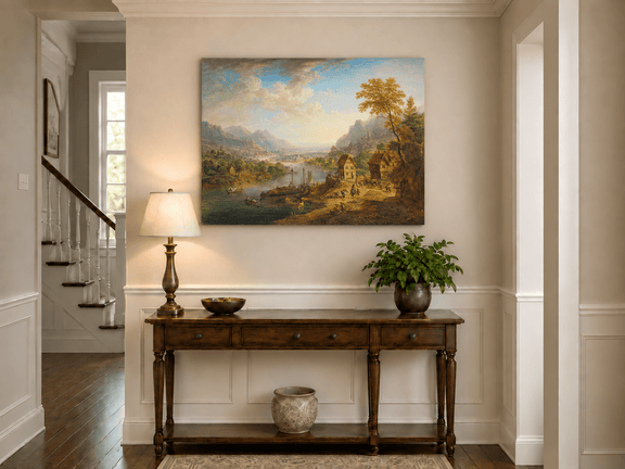 Hand-painted Pastoral Path with Sheep and Cliff Ruins landscape oil painting displayed as wall art in a styled interior