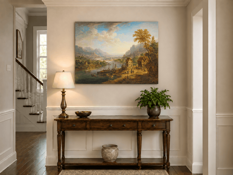 Hand-painted Pastoral Path with Sheep and Cliff Ruins landscape oil painting displayed as wall art in a styled interior