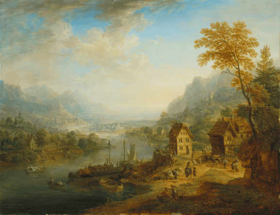 Hand-painted pastoral path with sheep and cliff ruins landscape oil painting on canvas