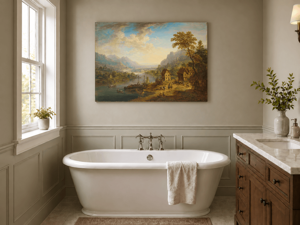 Hand-painted Pastoral Path with Sheep and Cliff Ruins landscape oil painting displayed as wall art in a styled interior