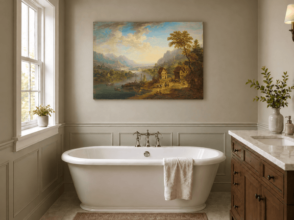Hand-painted Pastoral Path with Sheep and Cliff Ruins landscape oil painting displayed as wall art in a styled interior
