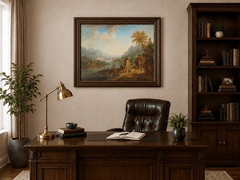 Hand-painted Pastoral Path with Sheep and Cliff Ruins landscape oil painting displayed as wall art in a styled interior