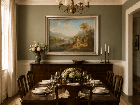 Hand-painted Pastoral Path with Sheep and Cliff Ruins landscape oil painting displayed as wall art in a styled interior