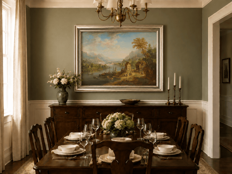 Hand-painted Pastoral Path with Sheep and Cliff Ruins landscape oil painting displayed as wall art in a styled interior