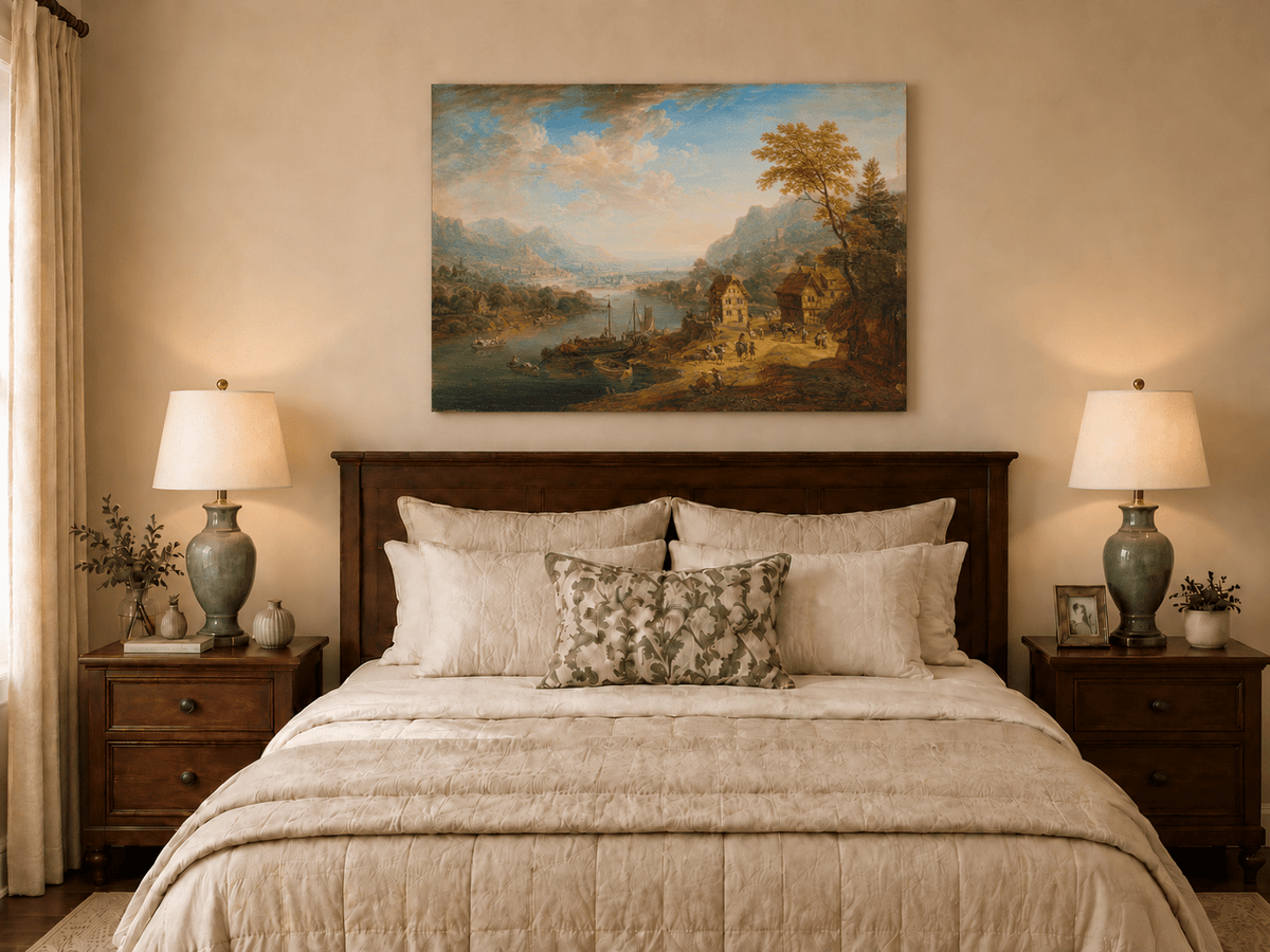 Hand-painted Pastoral Path with Sheep and Cliff Ruins landscape oil painting displayed as wall art in a styled interior
