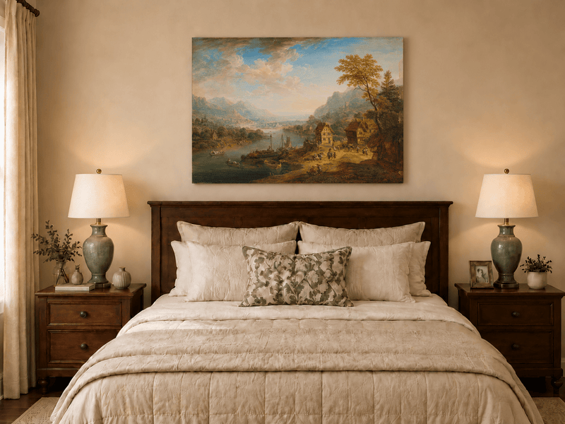 Hand-painted Pastoral Path with Sheep and Cliff Ruins landscape oil painting displayed as wall art in a styled interior