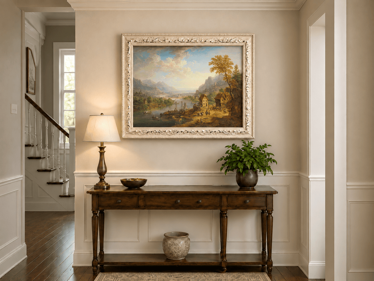 Hand-painted Pastoral Path with Sheep and Cliff Ruins landscape oil painting displayed as wall art in a styled interior