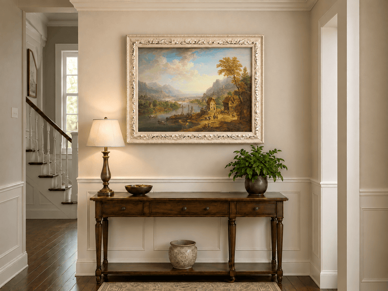 Hand-painted Pastoral Path with Sheep and Cliff Ruins landscape oil painting displayed as wall art in a styled interior
