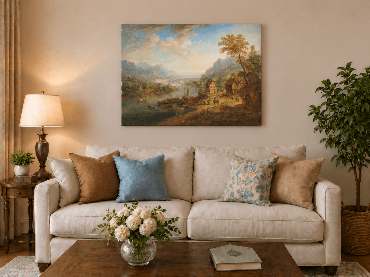 Hand-painted Pastoral Path with Sheep and Cliff Ruins landscape oil painting displayed as wall art in a styled interior