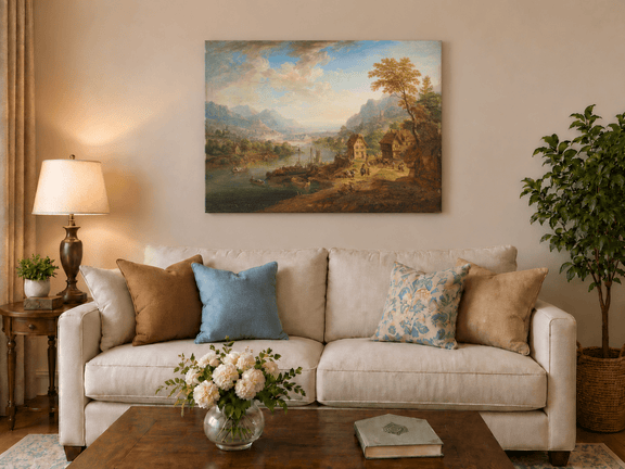 Hand-painted Pastoral Path with Sheep and Cliff Ruins landscape oil painting displayed as wall art in a styled interior
